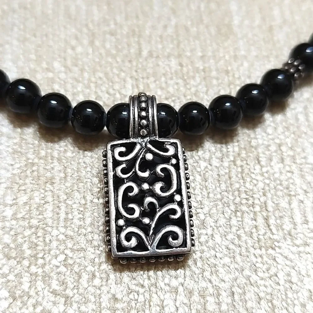 Black Bead and Silver Scroll Pendant Necklace 16